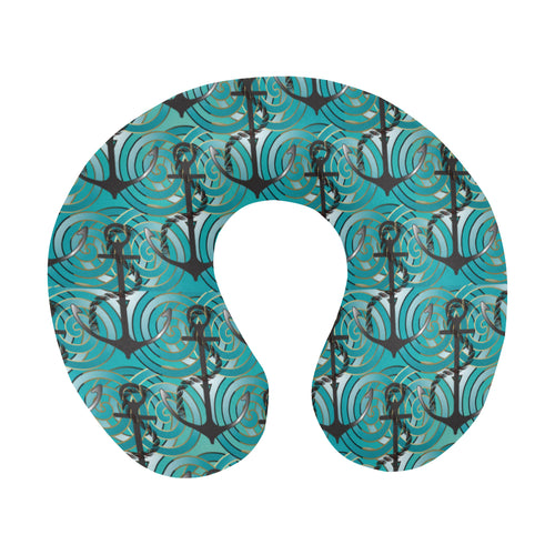 Anchor nautical green background U-Shaped Travel Neck Pillow