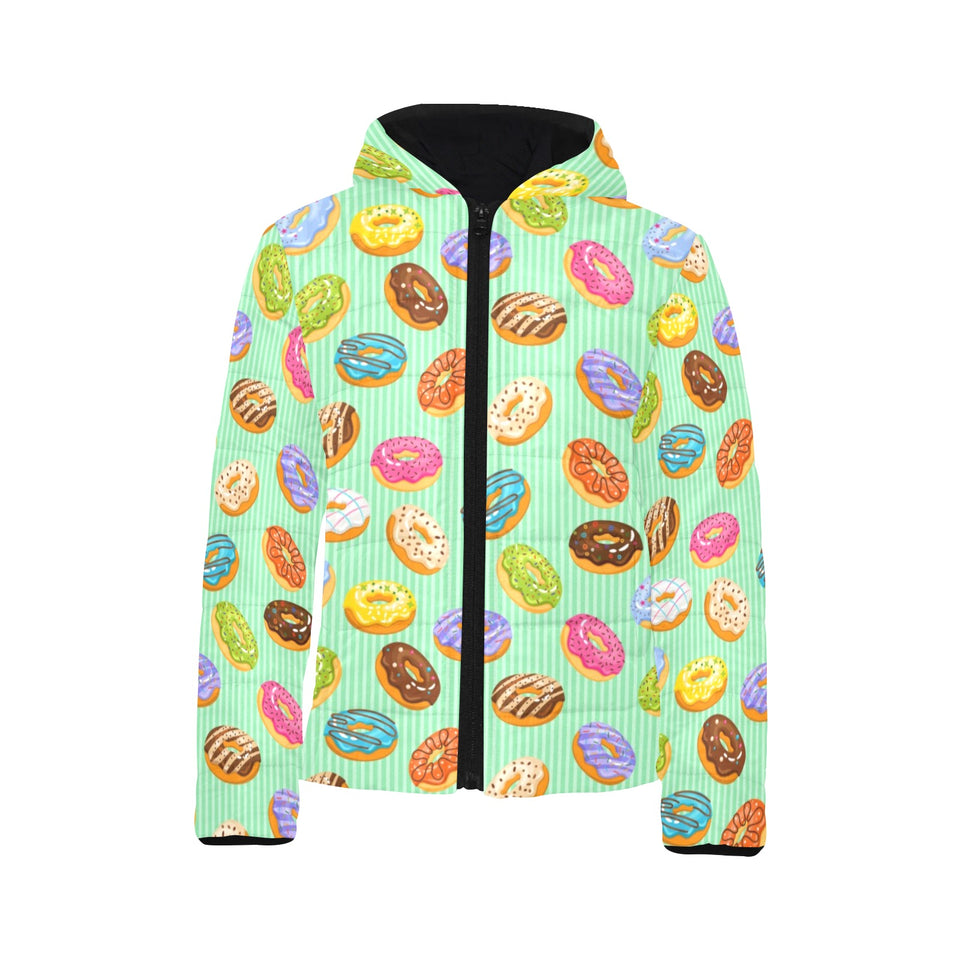 Colorful donut pattern green background Kids' Boys' Girls' Padded Hooded Jacket