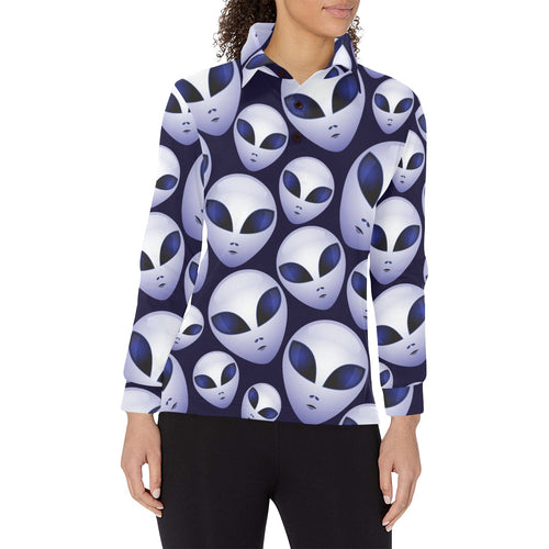 Alien Pattern Print Design 01 Women's Long Sleeve Polo Shirt