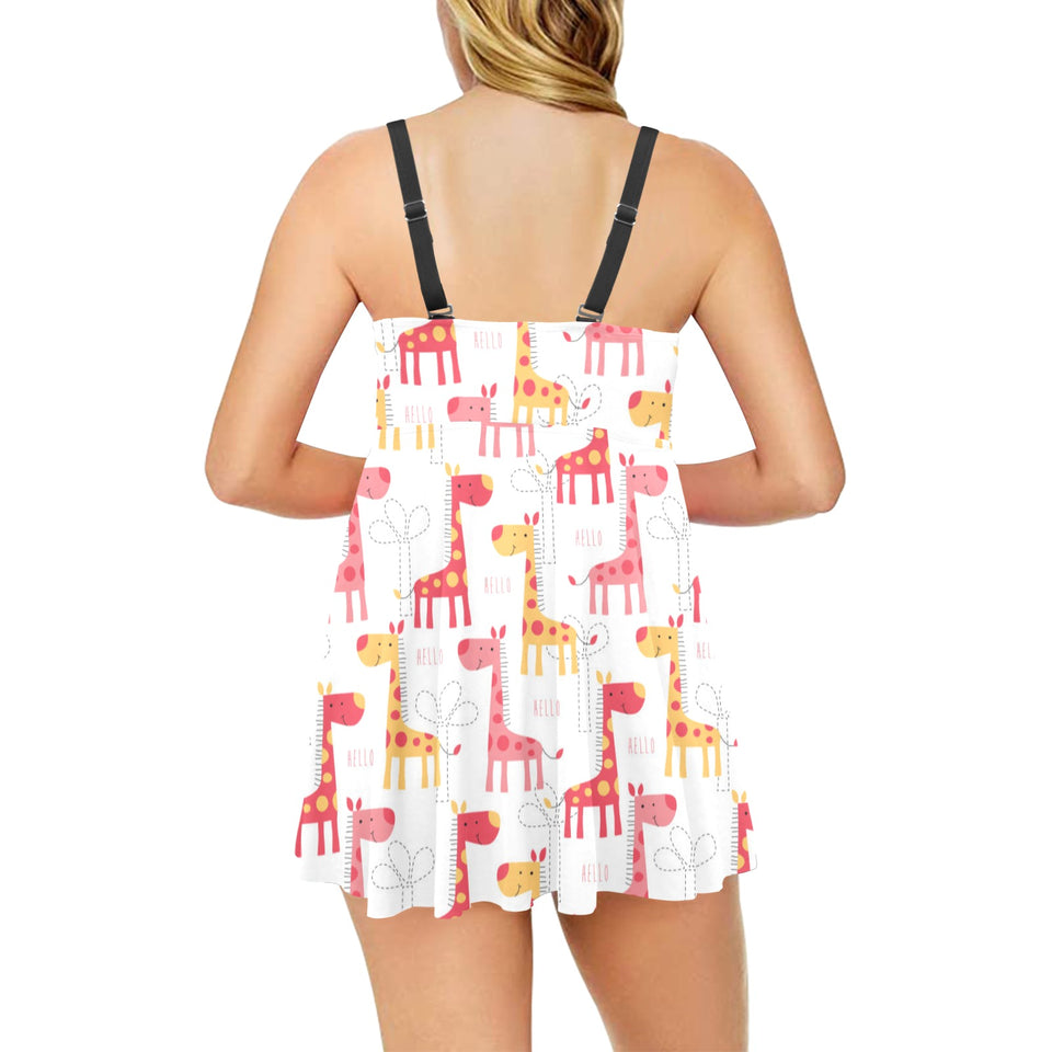 Giraffe Pattern Print Design 03 Chest Sexy Pleated Two Piece Swim Dress