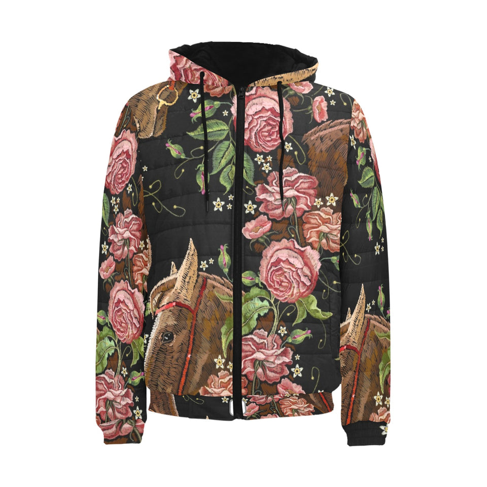 Horse head wild roses pattern Men's Padded Hooded Jacket