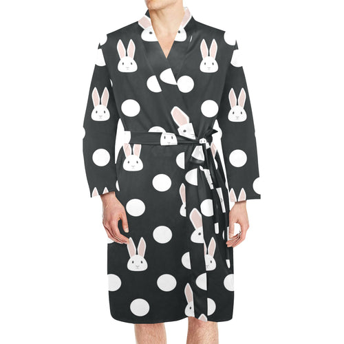 Cute white rabbit polka dots black background Men's Long Sleeve Belted Night Robe