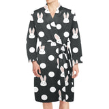 Cute white rabbit polka dots black background Men's Long Sleeve Belted Night Robe