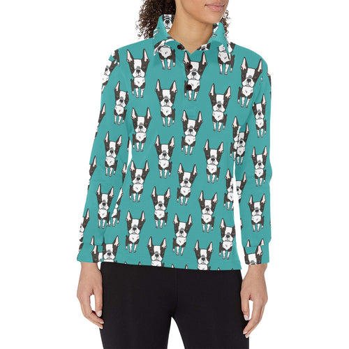 Hand drawn boston terrier dog pattern Women's Long Sleeve Polo Shirt