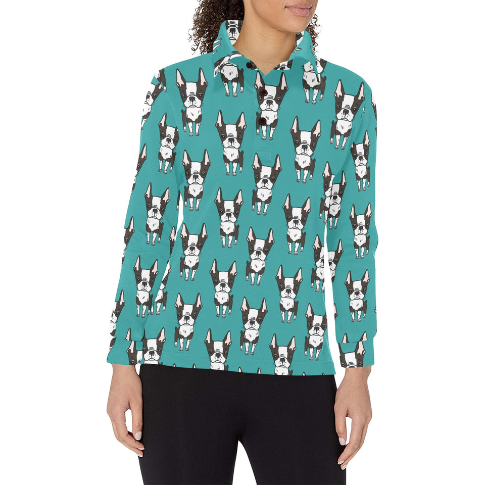 Hand drawn boston terrier dog pattern Women's Long Sleeve Polo Shirt