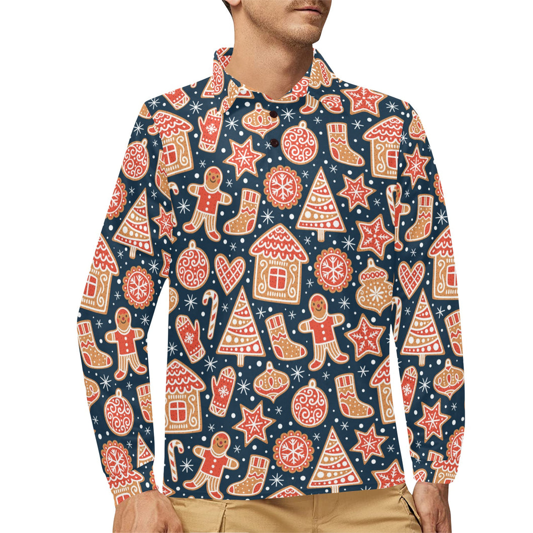 Christmas gingerbread cookie pattern Men's Long Sleeve Polo Shirt
