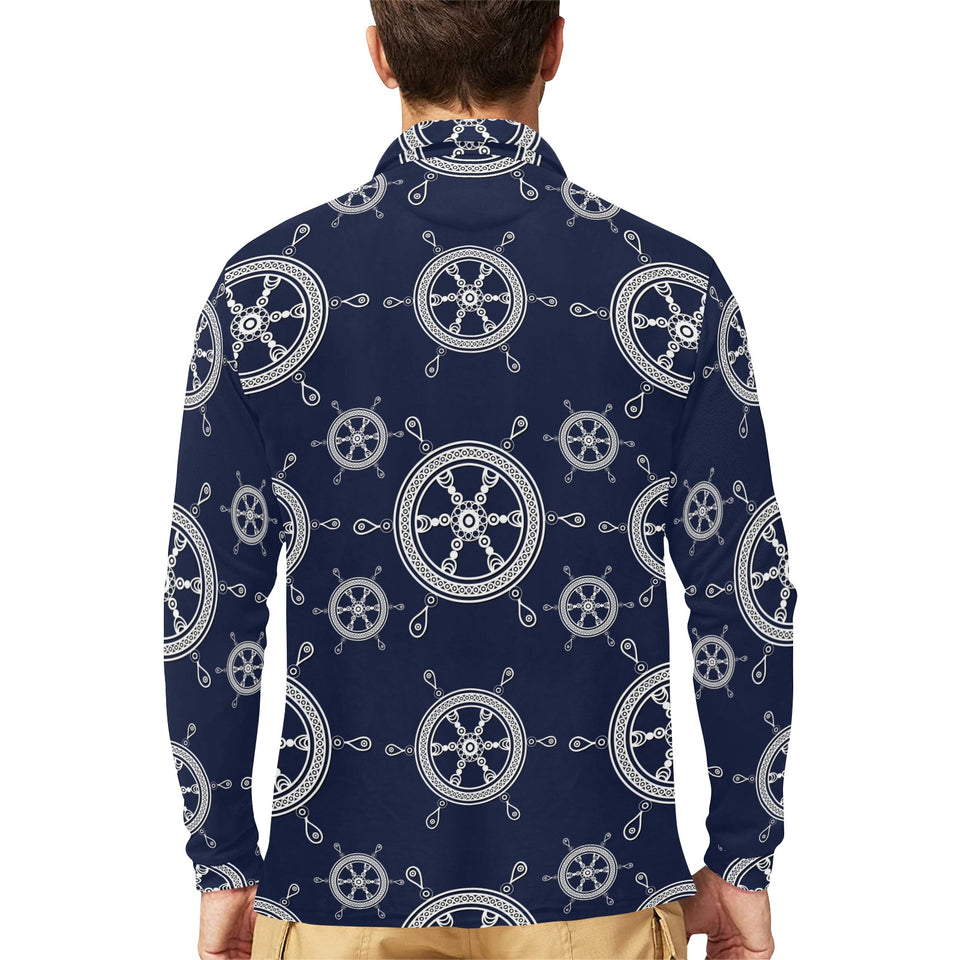 nautical steering wheel design pattern Men's Long Sleeve Polo Shirt