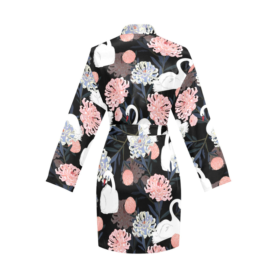 white swan blooming flower pattern Women's Long Sleeve Belted Night Robe