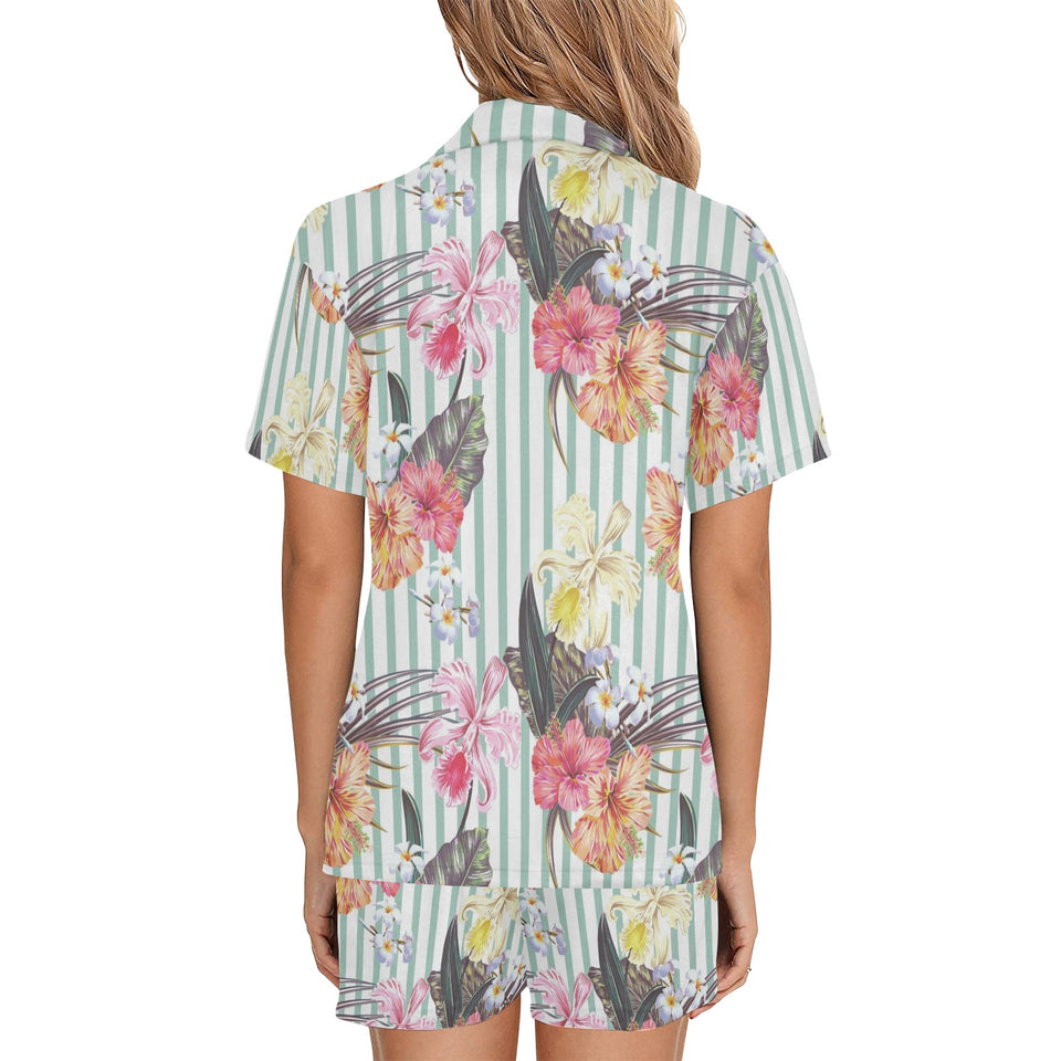 Colorful orchid flower pattern Women's V-Neck Short Pajama Set