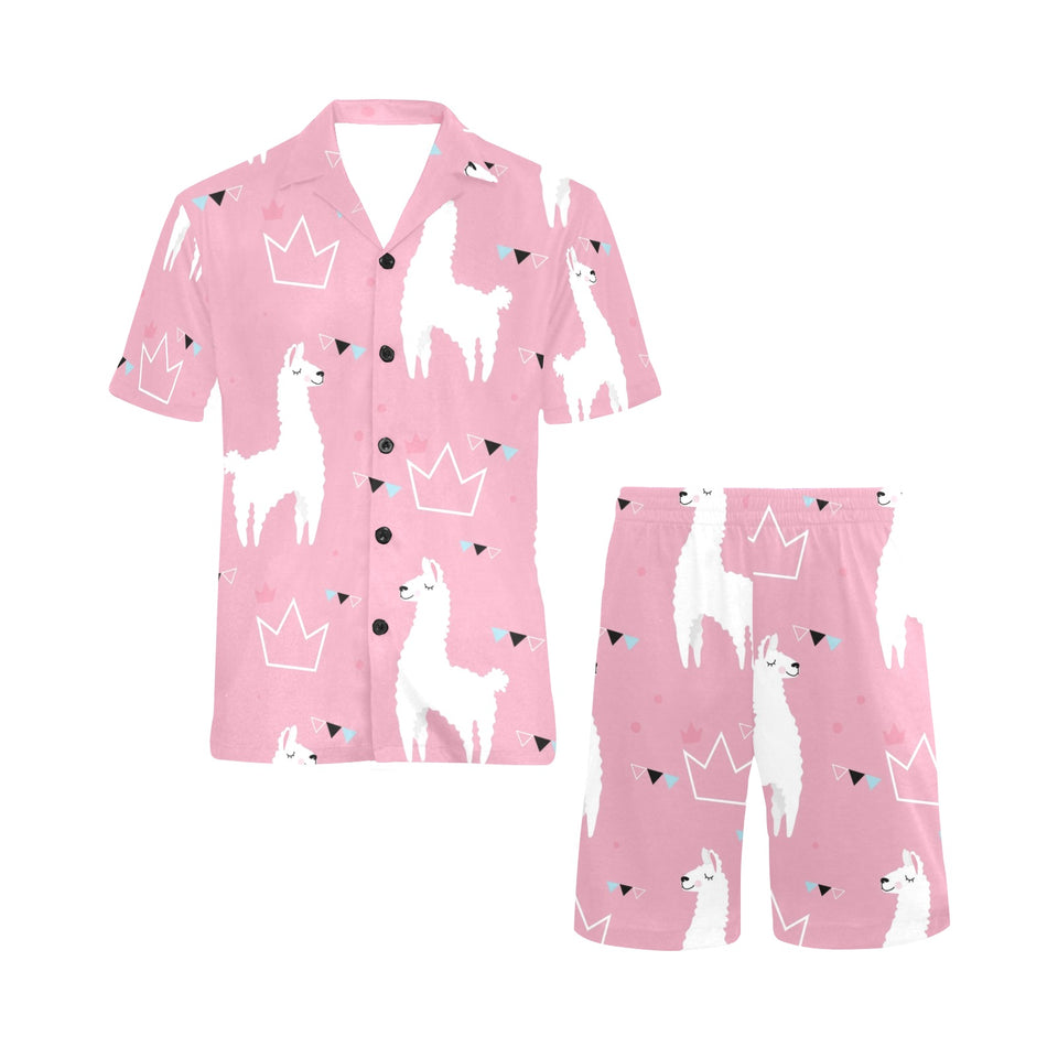 Llama Alpaca pink background Men's V-Neck Short Pajama Set