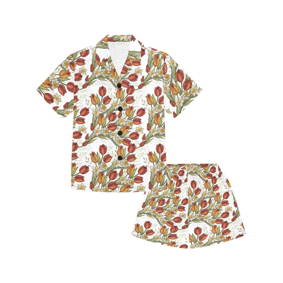 Red tulips and daffodils pattern Kids' Boys' Girls' V-Neck Short Pajama Set