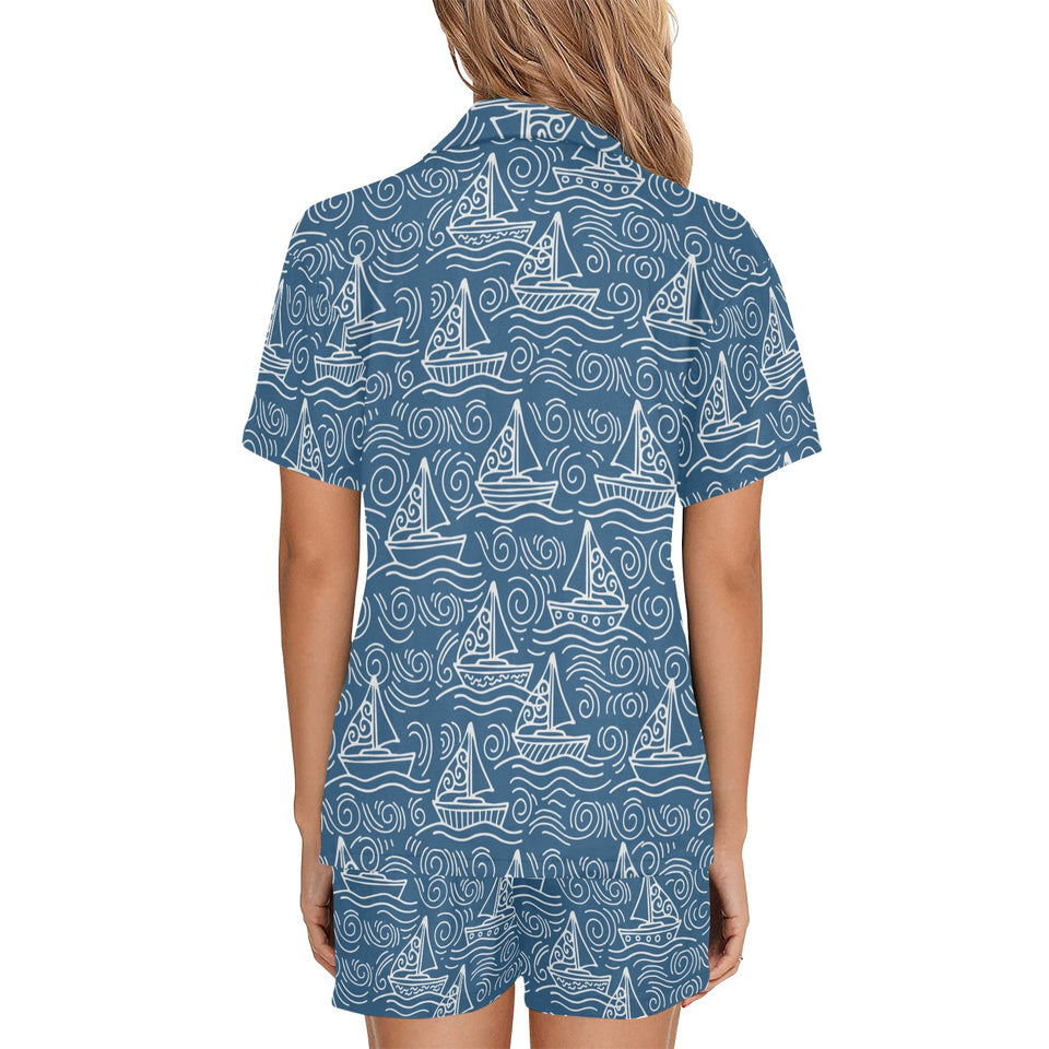 Hand drawn sailboat pattern Women's V-Neck Short Pajama Set