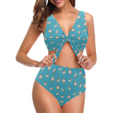 Jack Russel Pattern Print Design 03 Chest Bowknot High Waisted Bikini Swimsuit