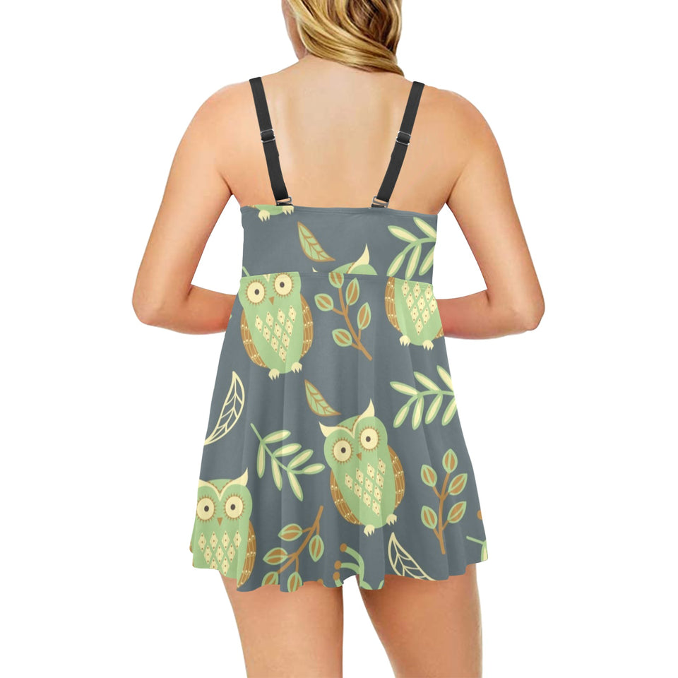 Cute owls leaves pattern Chest Sexy Pleated Two Piece Swim Dress