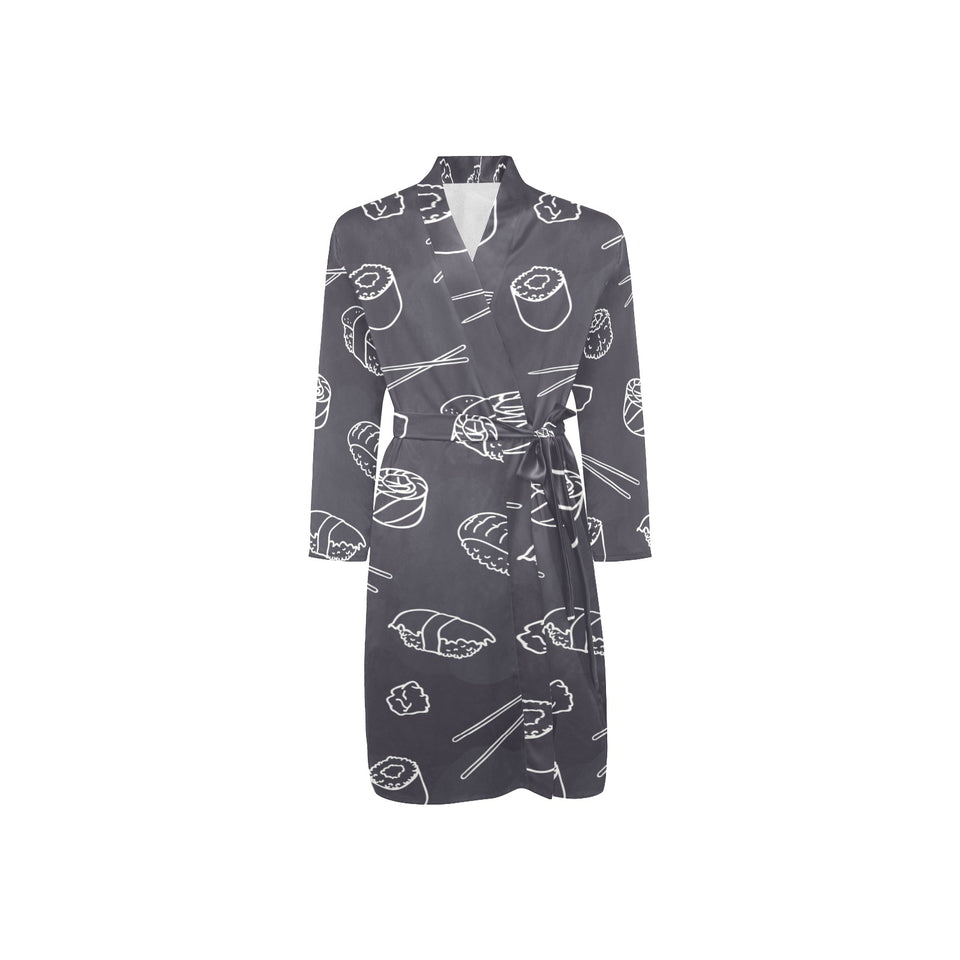 sushi pattern black background Men's Long Sleeve Belted Night Robe
