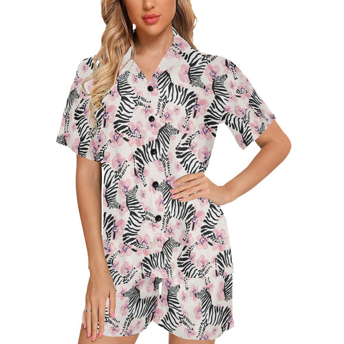 Zebra pink flower background Women's V-Neck Short Pajama Set
