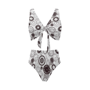 Classic vintage clock pattern Chest Bowknot High Waisted Bikini Swimsuit