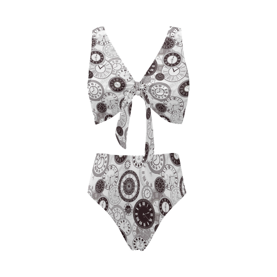Classic vintage clock pattern Chest Bowknot High Waisted Bikini Swimsuit