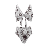 Classic vintage clock pattern Chest Bowknot High Waisted Bikini Swimsuit