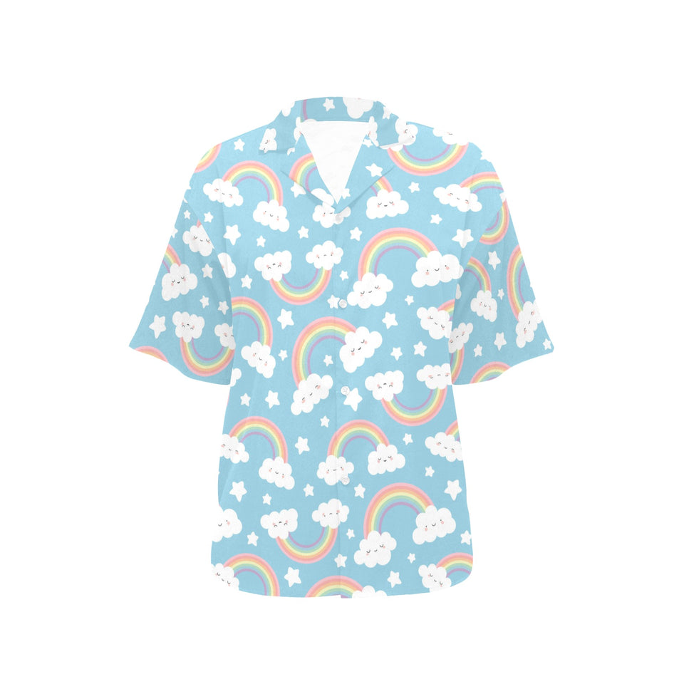 Cute rainbow clound star pattern blue background Women's All Over Print Hawaiian Shirt