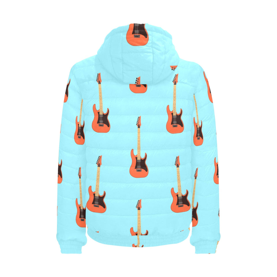 electric guitar pattern light blue background Men's Padded Hooded Jacket