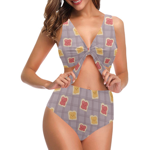 Bread Toast Pattern Print Design 05 Chest Bowknot High Waisted Bikini Swimsuit