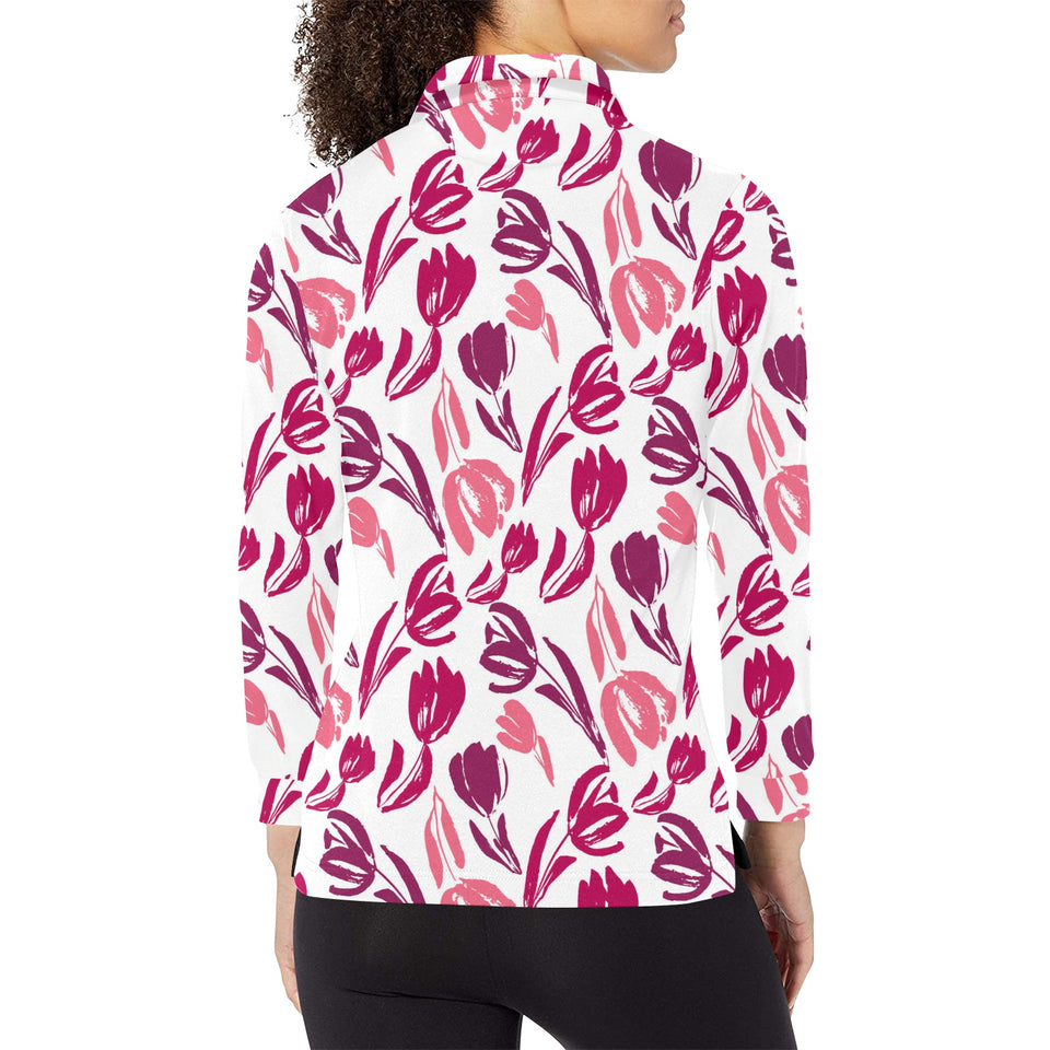 pink sketch tulip pattern Women's Long Sleeve Polo Shirt