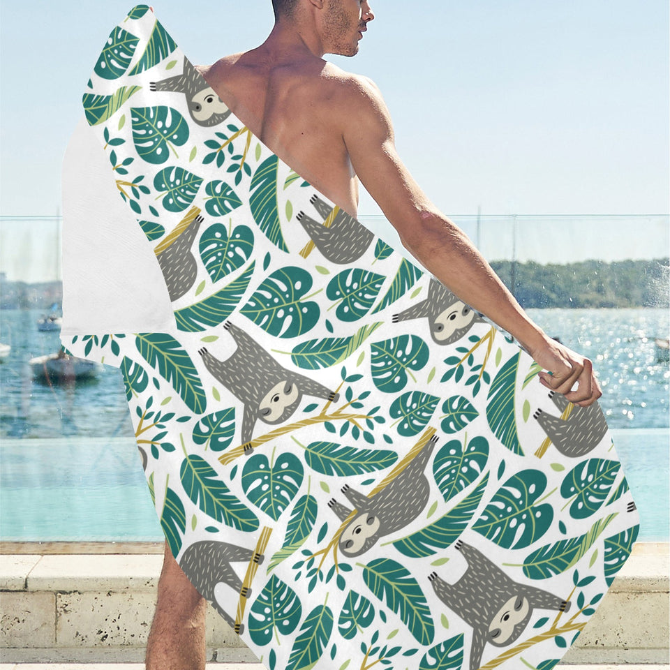 Cute sloths tropical palm leaves white background Beach Towel