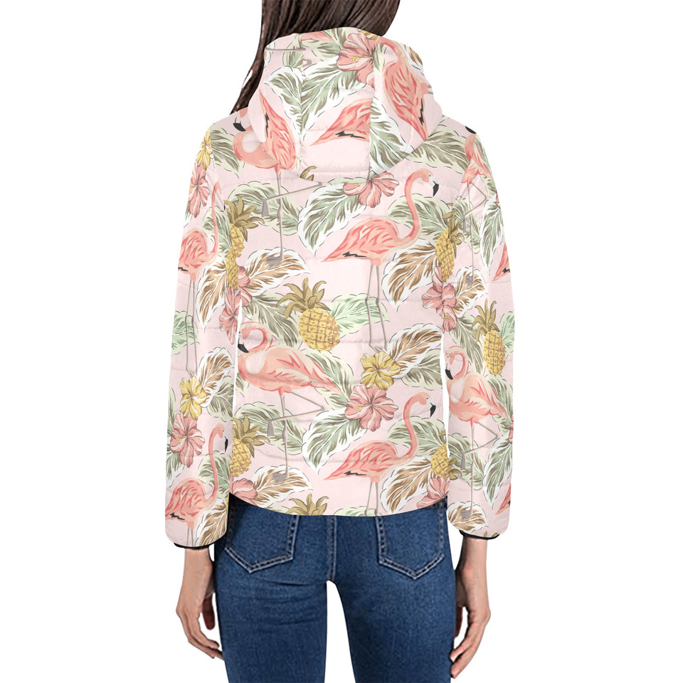 Pink flamingo birds pineapples hibiscus flower pat Women's Padded Hooded Jacket
