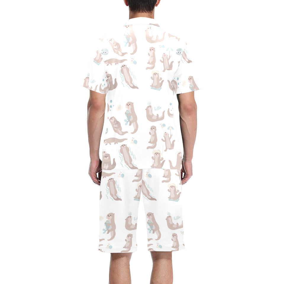 Cute sea otters pattern Men's V-Neck Short Pajama Set