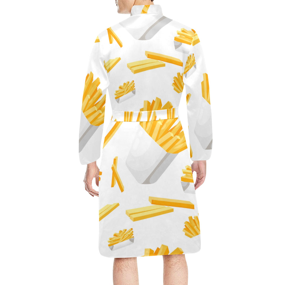 French fries white paper box pattern Men's Long Sleeve Belted Night Robe
