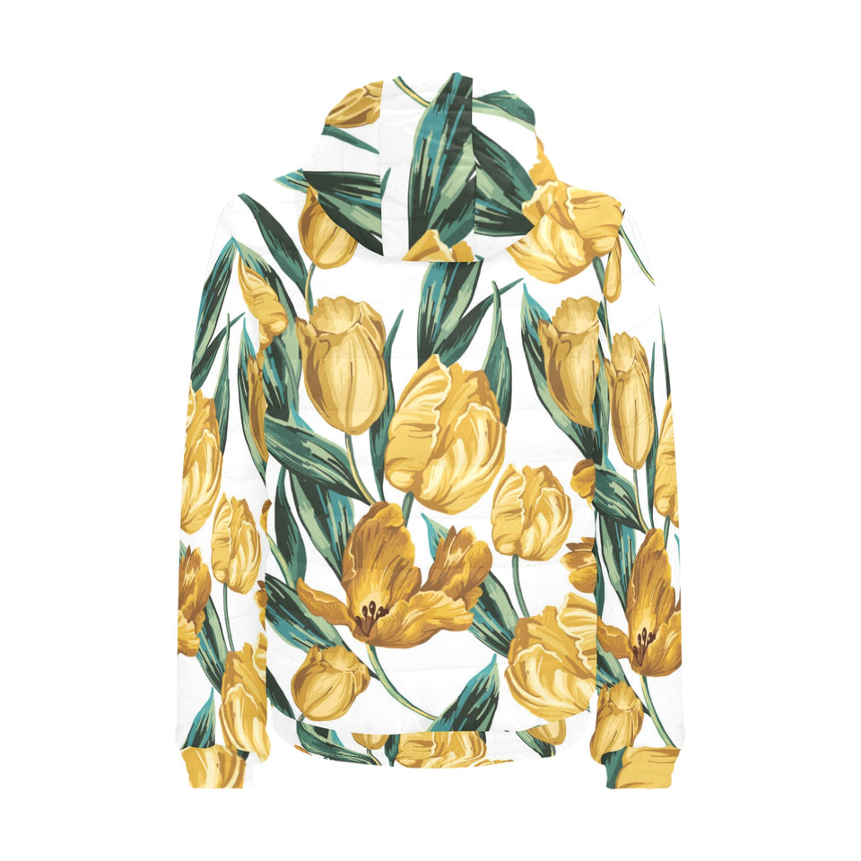 yellow tulips pattern Men's Padded Hooded Jacket