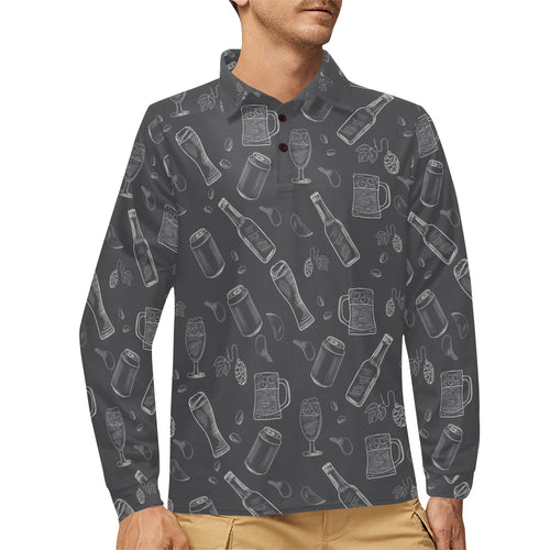 Beer hand drawn pattern Men's Long Sleeve Polo Shirt