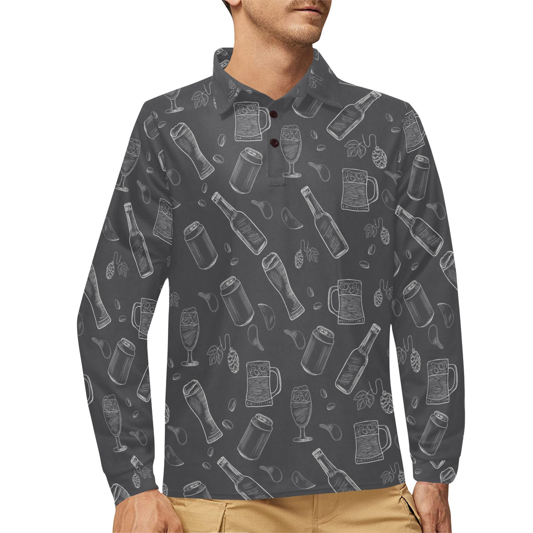Beer hand drawn pattern Men's Long Sleeve Polo Shirt