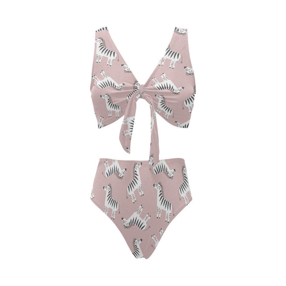 Cute zebra pattern Chest Bowknot High Waisted Bikini Swimsuit