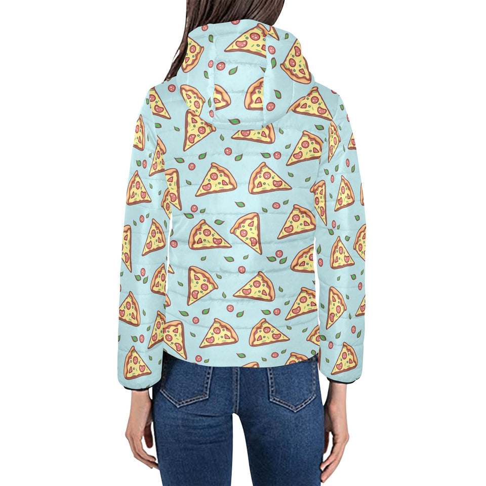 Hand drawn pizza blue background Women's Padded Hooded Jacket