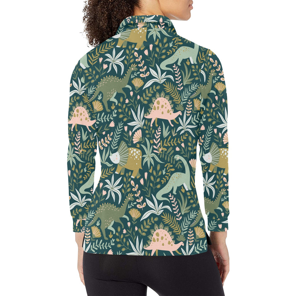 dinosaurs tropical leaves flower pattern Women's Long Sleeve Polo Shirt