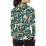 dinosaurs tropical leaves flower pattern Women's Long Sleeve Polo Shirt