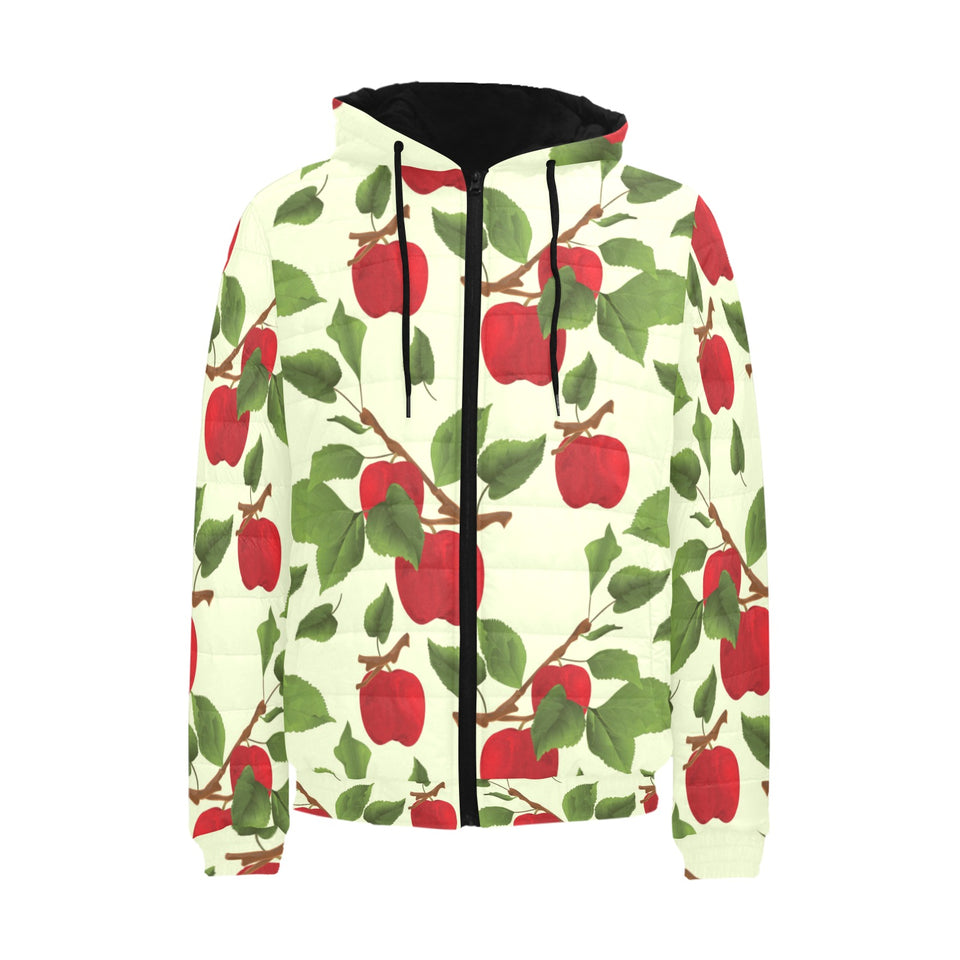 Red apples leaves pattern Men's Padded Hooded Jacket
