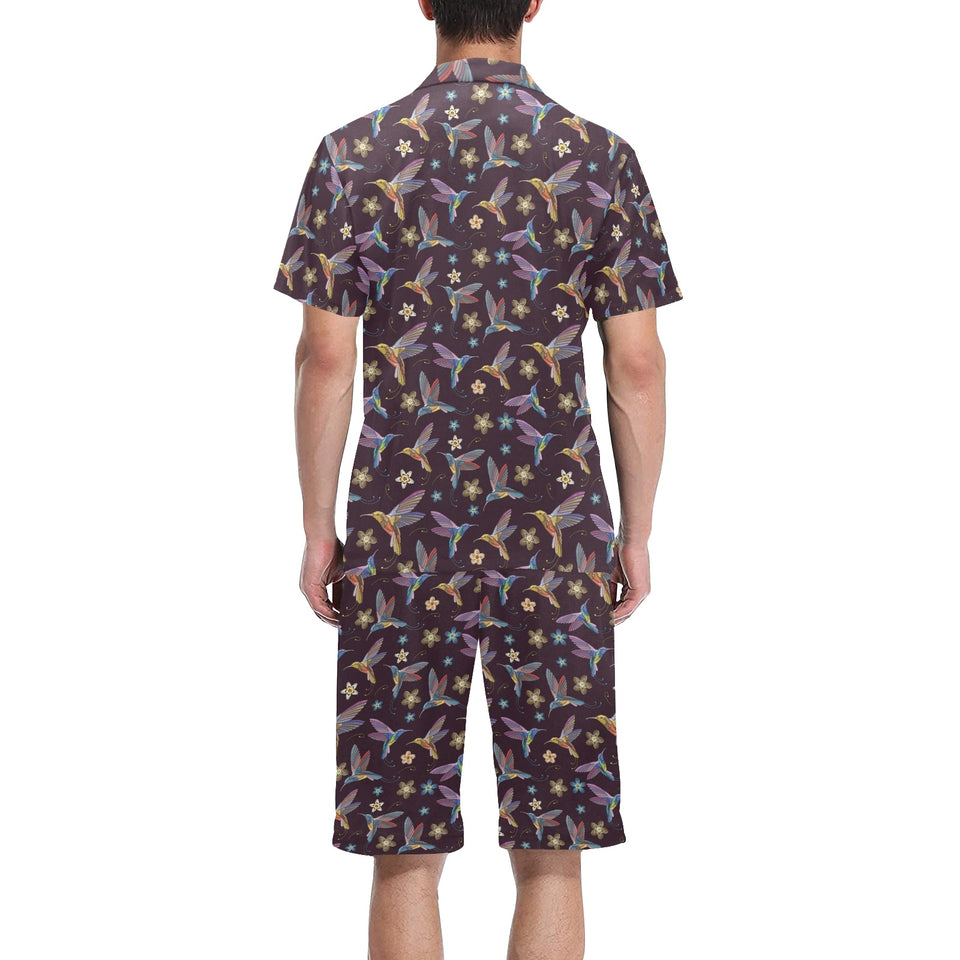 Hummingbird Pattern Print Design 04 Men's V-Neck Short Pajama Set