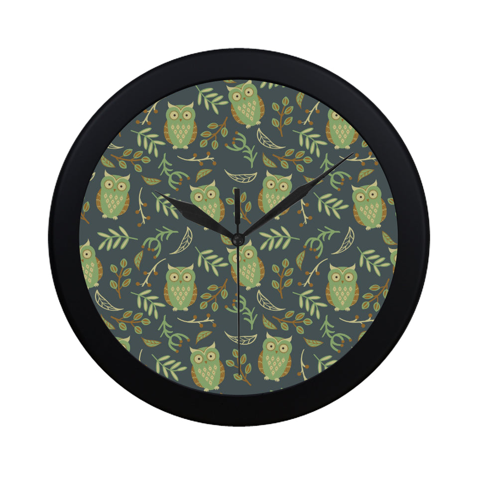 Cute owls leaves pattern Elegant Black Wall Clock
