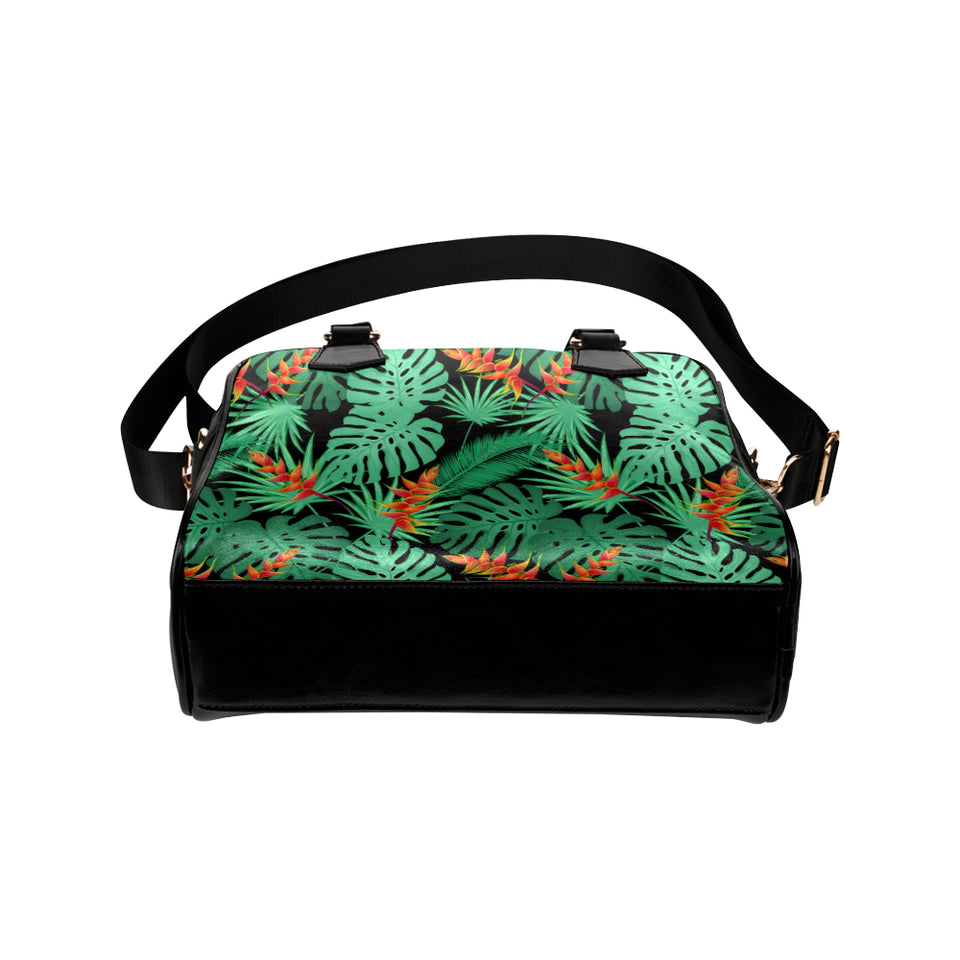heliconia flower palm monstera leaves black backgr Shoulder Handbag