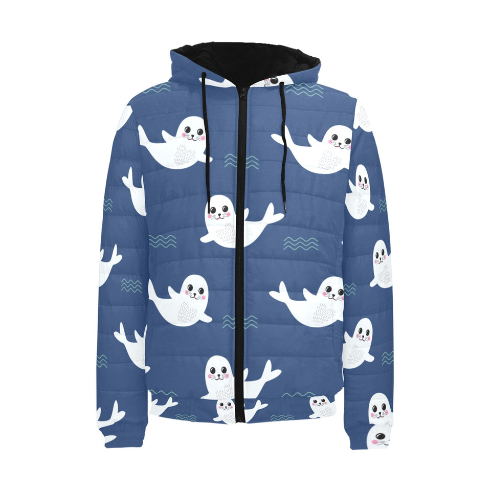 Cute white baby sea lion seal pattern Men's Padded Hooded Jacket