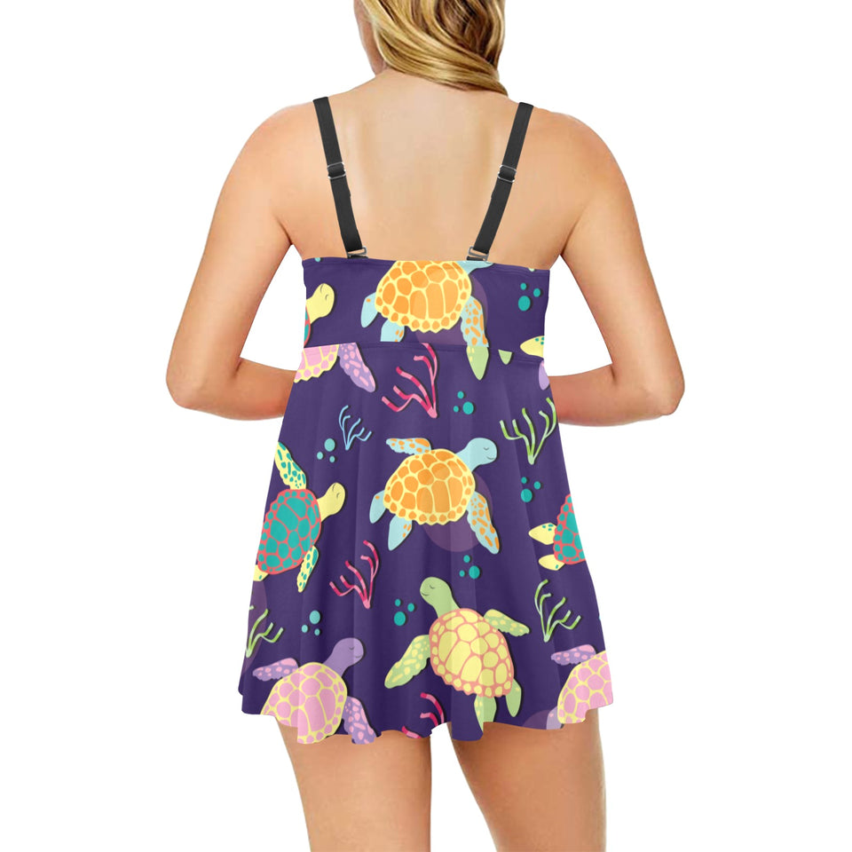Colorful sea turtle pattern Chest Sexy Pleated Two Piece Swim Dress