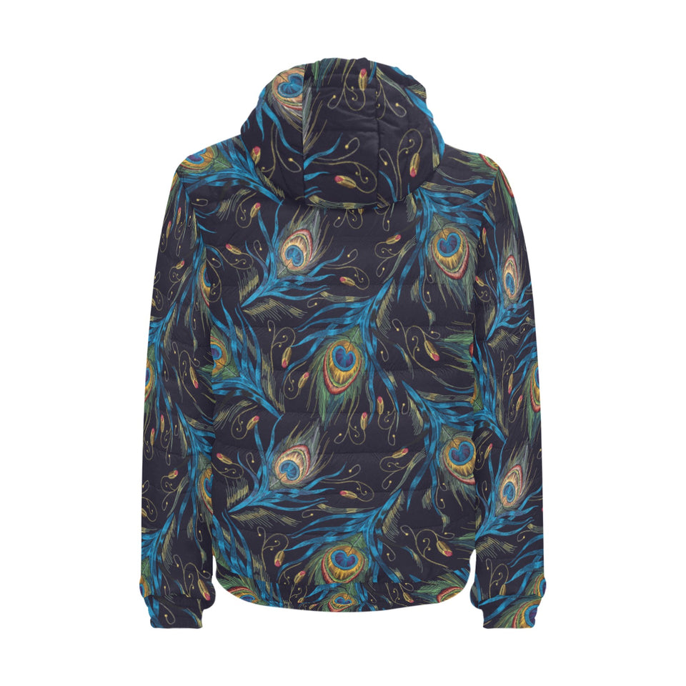Beautiful peacock feather pattern Men's Padded Hooded Jacket