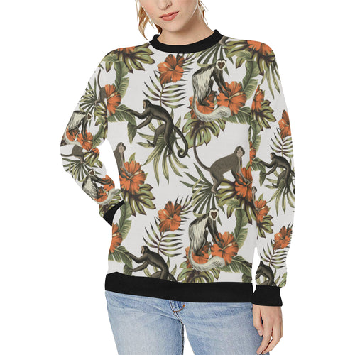 Monkey red hibiscus flower palm leaves floral patt Women's Crew Neck Sweatshirt