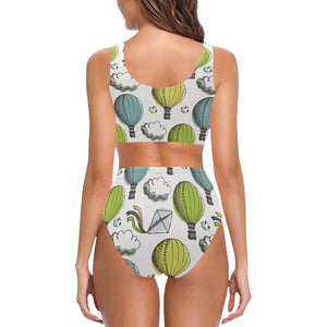 Hot Air Balloon Bird Cloud Pattern Chest Bowknot High Waisted Bikini Swimsuit