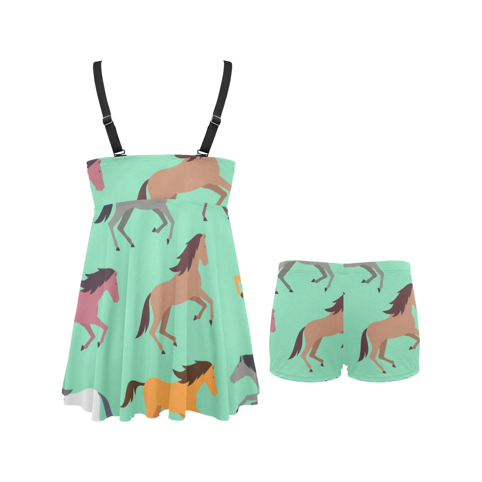 Colorful horses pattern Chest Sexy Pleated Two Piece Swim Dress