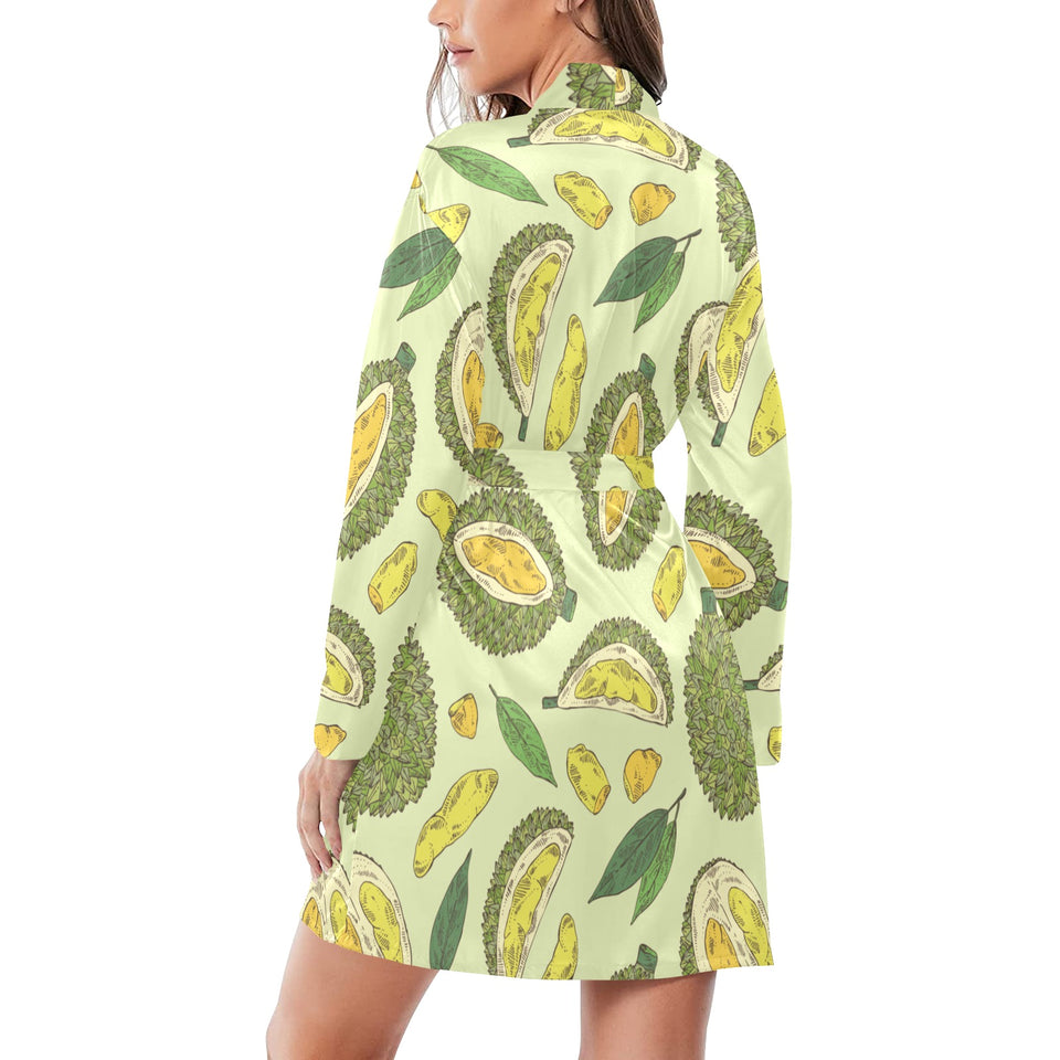 Durian leaves pattern background Women's Long Sleeve Belted Night Robe