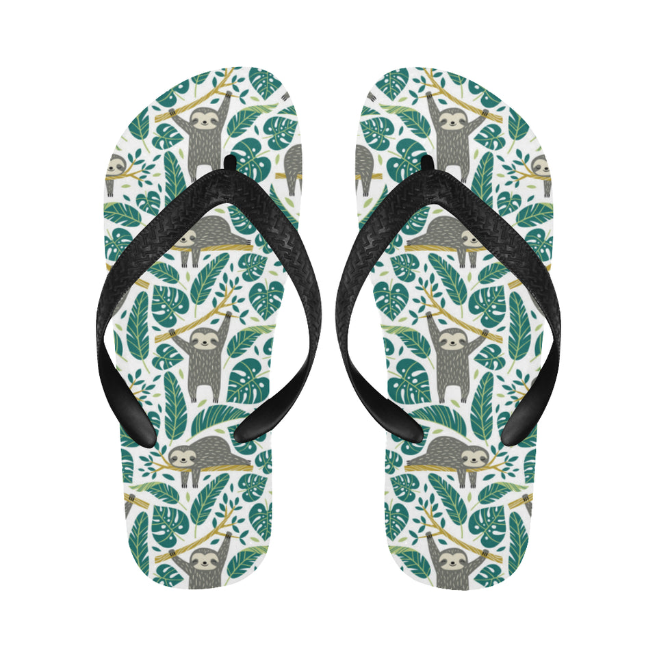 Cute sloths tropical palm leaves white background Unisex Flip Flops
